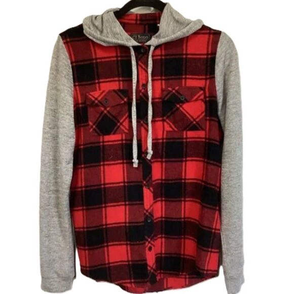 CI SONO SIZE MEDIUM RED BLACK BUFFALO PLAID HOODED SHACKET SHIRT JACKET - Picture 1 of 7